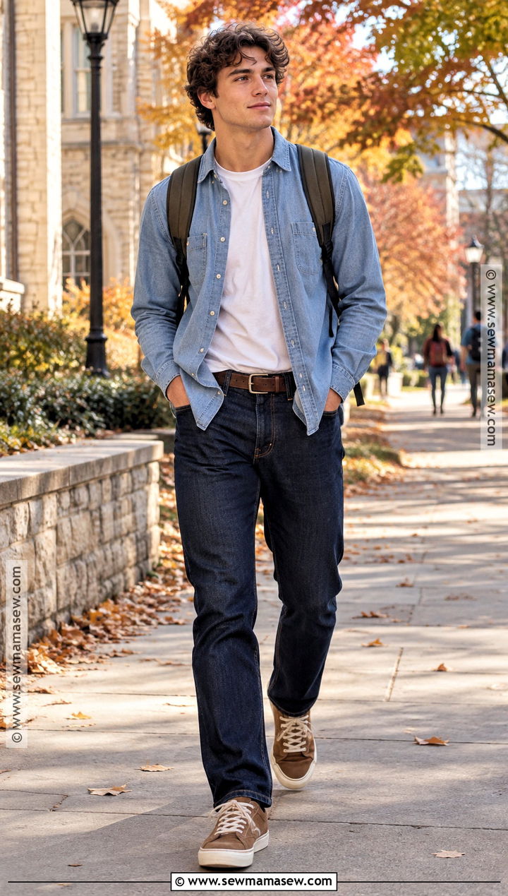 Denim Shirt And Dark Jeans School Outfit - 25 cute fall outfits for school
