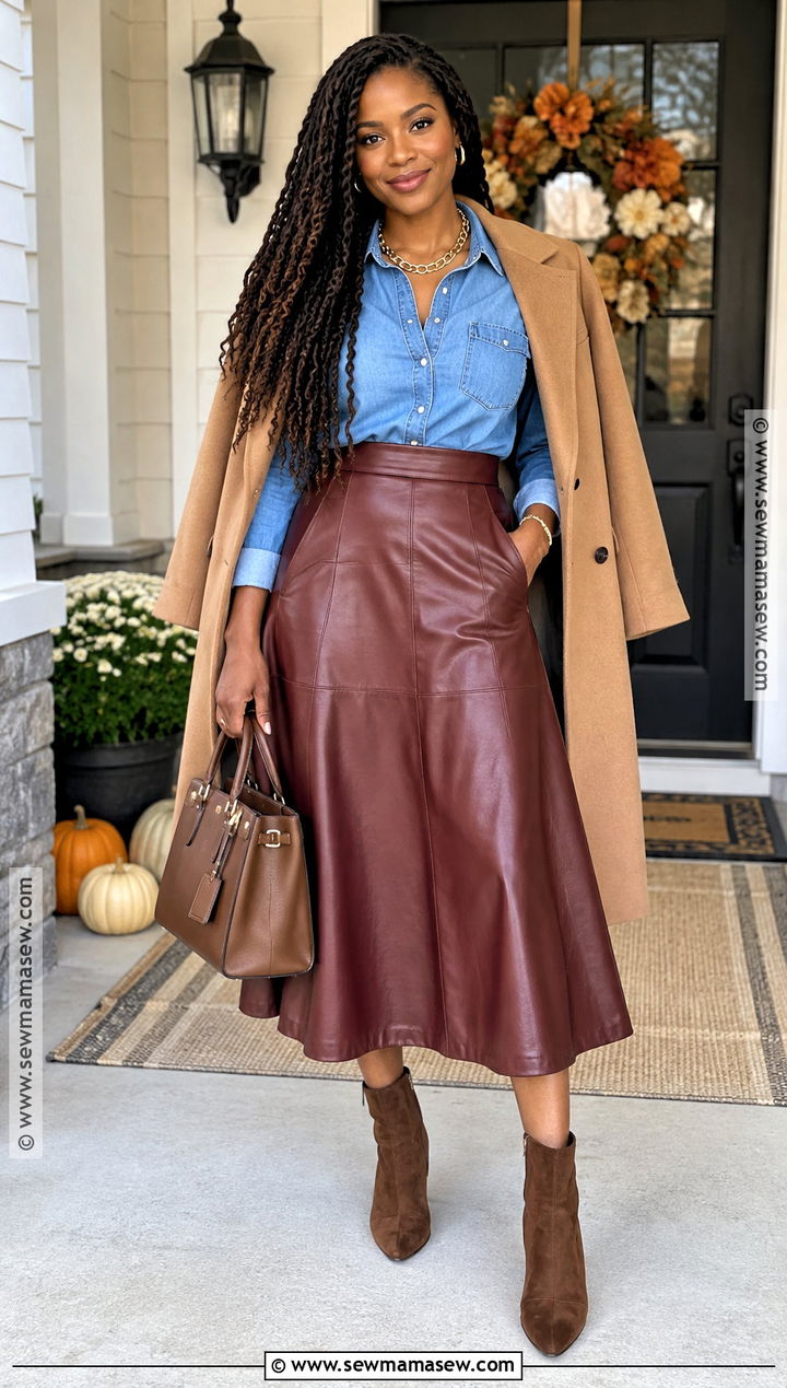 Denim Shirt And Faux Leather Skirt Thanksgiving Outfit - 15 black woman thanksgiving outfit ideas