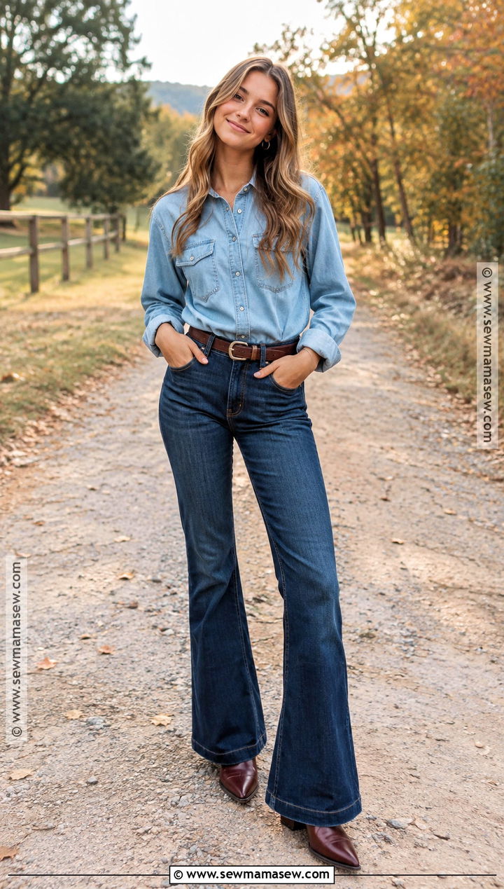 Denim Shirt And Flared Jeans Senior Pic Outfit - 15 senior pic fall outfits
