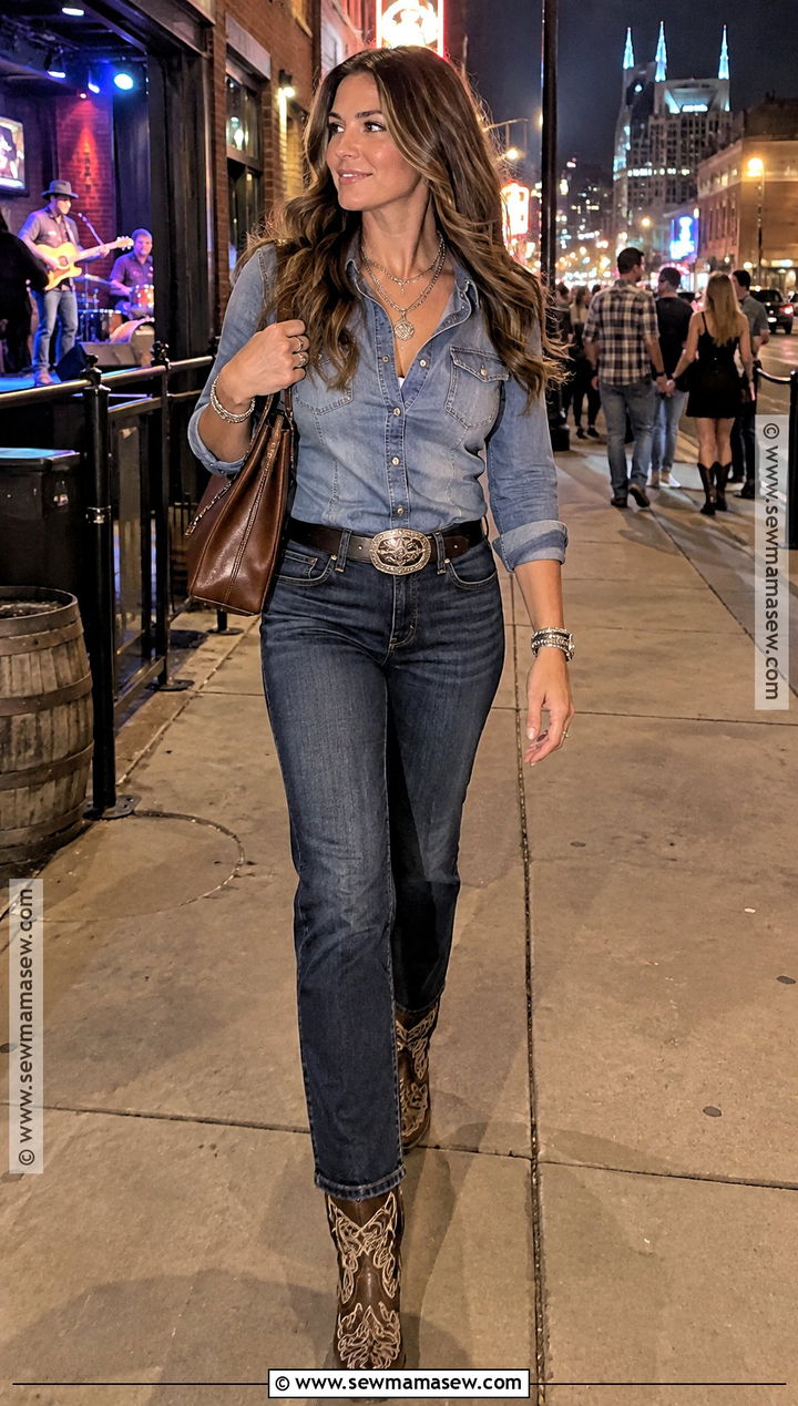 Denim Shirt And Jeans With Statement Cowboy Boots - 20 fall nashville outfits going out