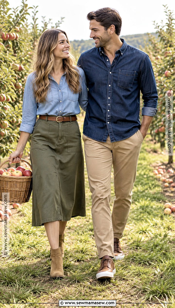 Denim Shirt And Khaki Pants Couple Outfit - 20 fall couple photoshoot outfit ideas