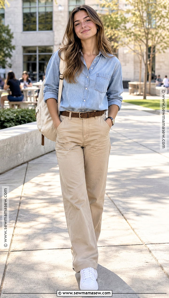 Denim Shirt And Khaki Pants School Outfit - 20 Back To School Outfits Fly for Girls