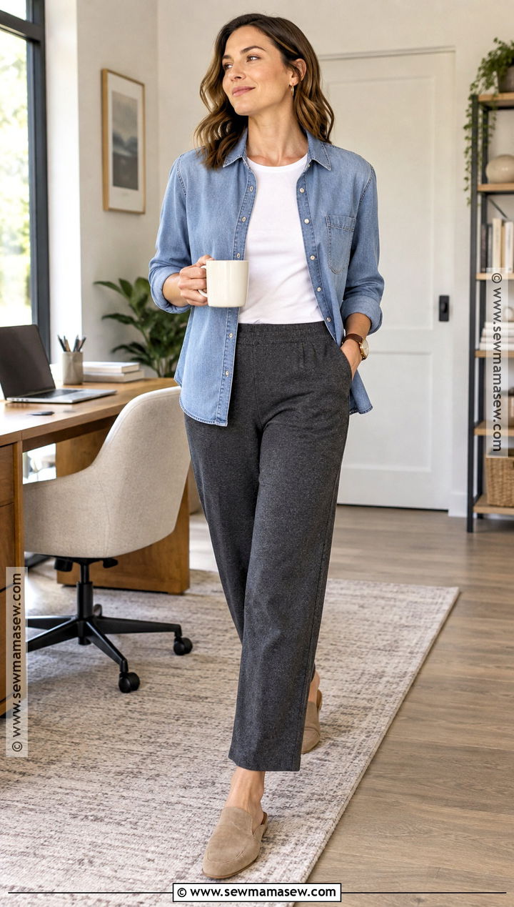 Denim Shirt And Knit Pants Fall WFH Outfit - 15 Work From Home Fall Outfit Ideas
