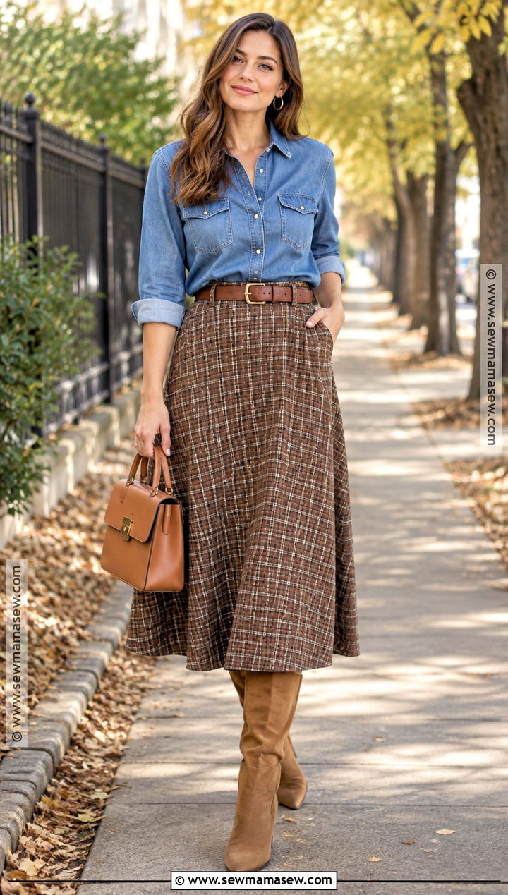 Denim Shirt And Midi Skirt Autumn Outfit - 20 Outfit Ideas Autumn Aesthetic