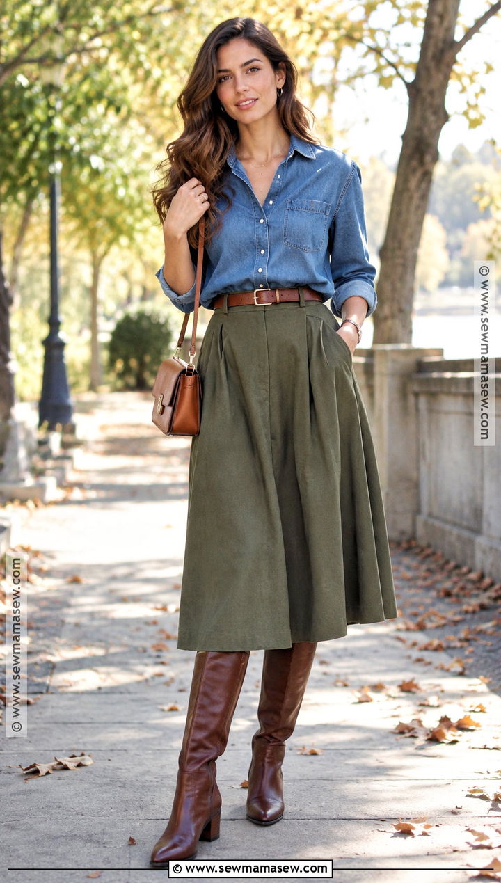Denim Shirt And Midi Skirt Fall Outfit - 15 Women's Fashion Over 25 Fall Ideas