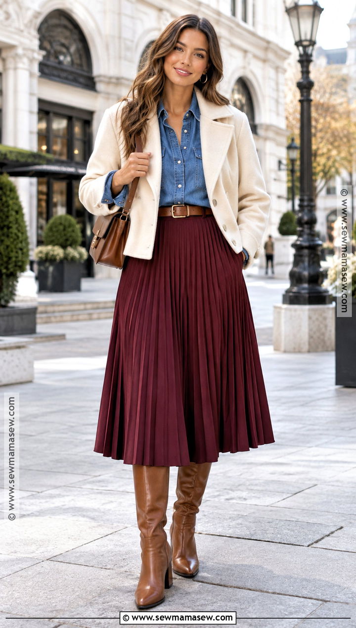 Denim Shirt And Midi Skirt Fall Outfit - 25 fall outfit ideas for women