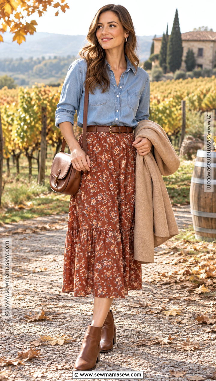 Denim Shirt And Midi Skirt Fall Wine Tour Outfit - 20 wine tour outfit fall ideas