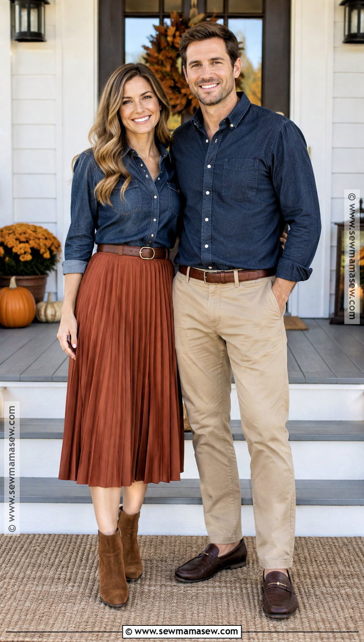 Denim Shirt And Midi Skirt Thanksgiving Outfit - 20 Thanksgiving Outfit Ideas for Couples