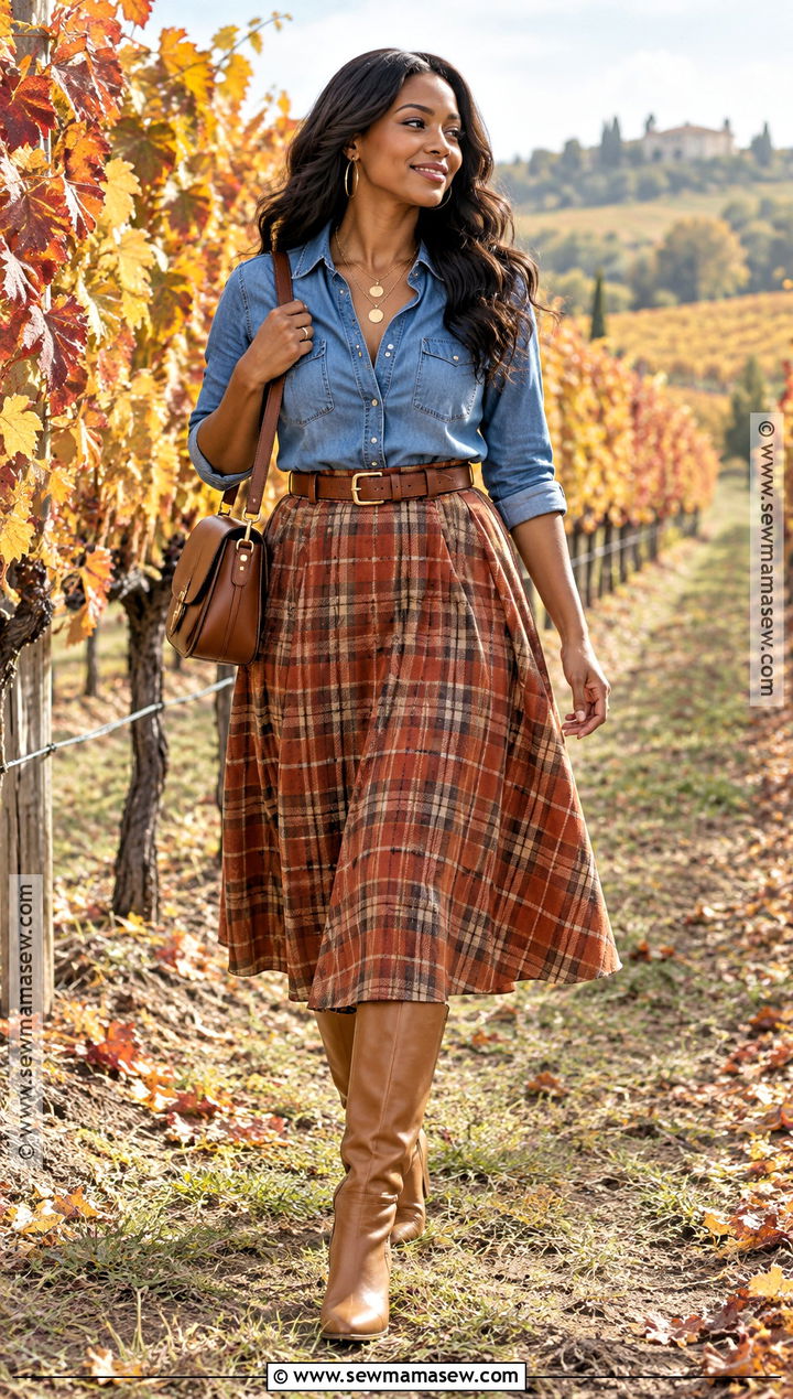 Denim Shirt And Midi Skirt Vineyard Outfit - 15 Fall Vineyard Outfits for Black Women