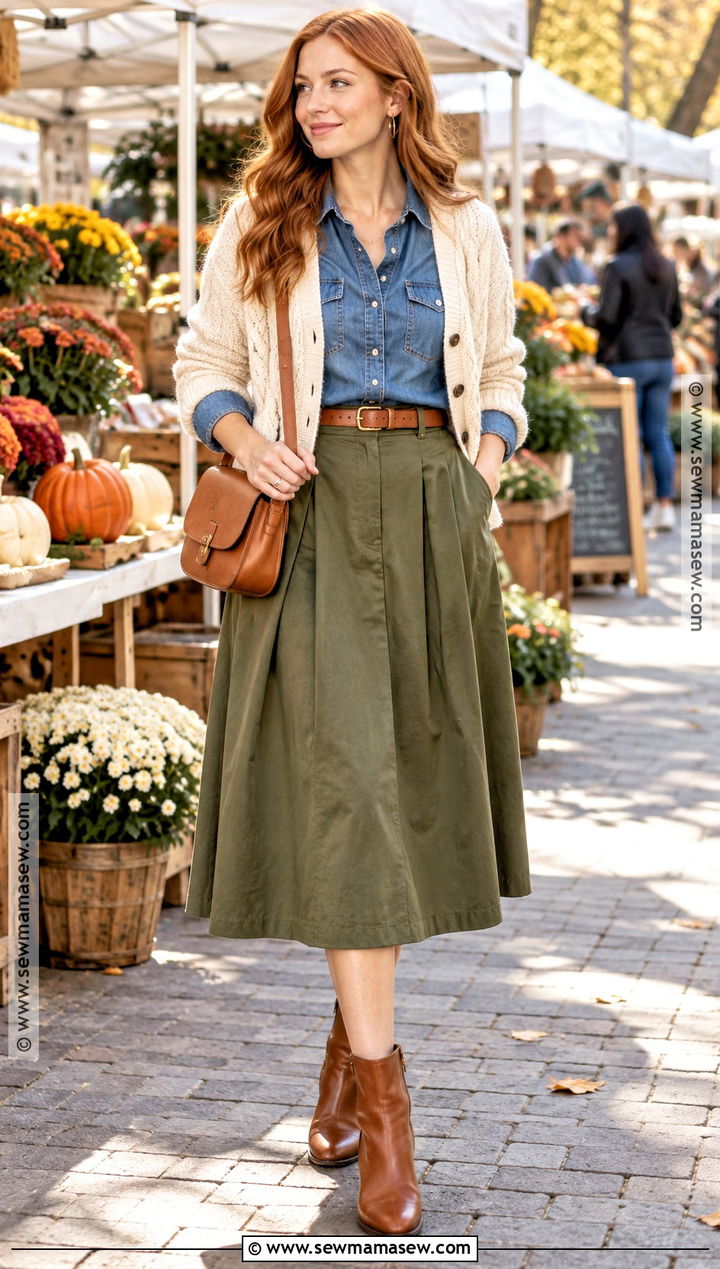 Denim Shirt And Olive Midi Skirt Fall Outfit - 15 fall outfits for redheads