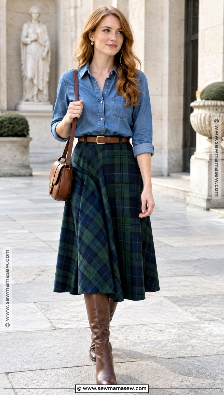 Denim Shirt And Plaid Midi Skirt Outfit - 15 red head fall outfit ideas