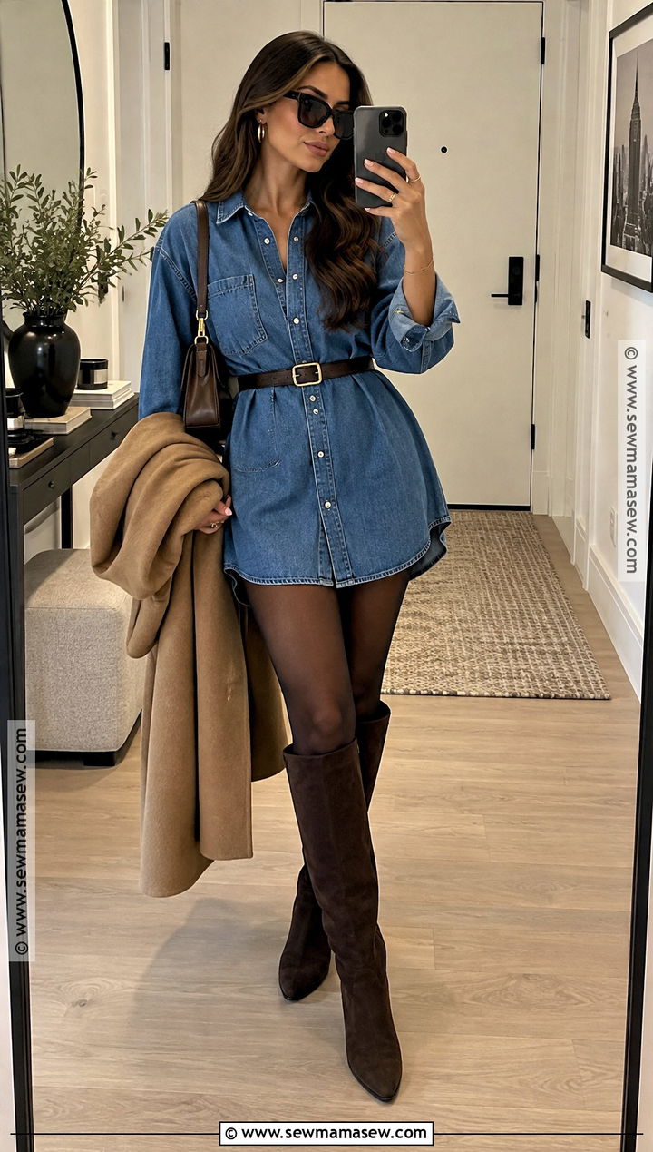 Denim Shirt And Suede Boots NYC Fall Outfit - 15 Nyc Outfits Aesthetic Fall