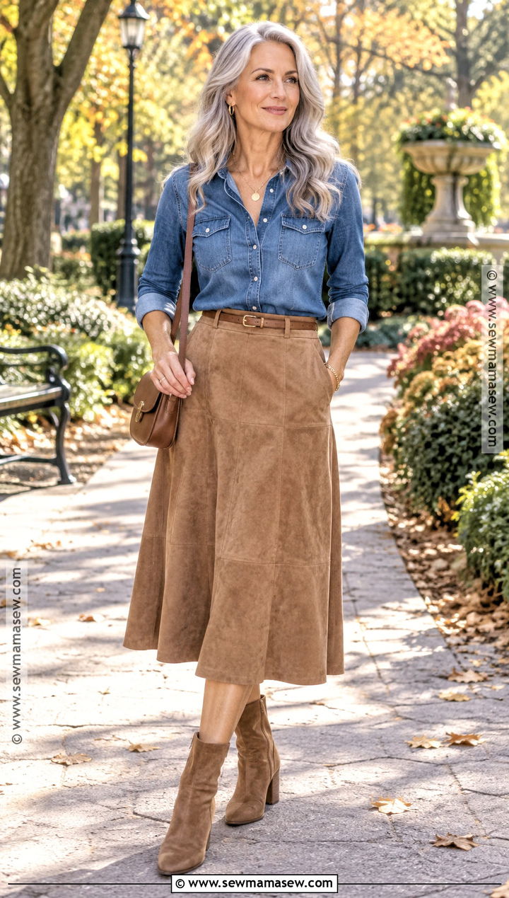 Denim Shirt And Suede Midi Skirt Fall Outfit - 20 Fall Fashion Over 60 Ideas for Women