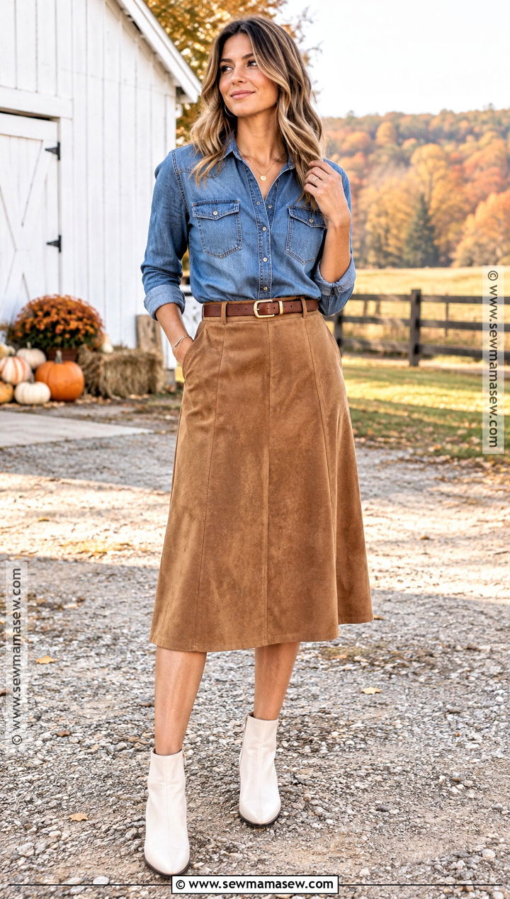 Denim Shirt And Suede Midi Skirt Fall Picture Outfit - 20 fall picture outfits for women