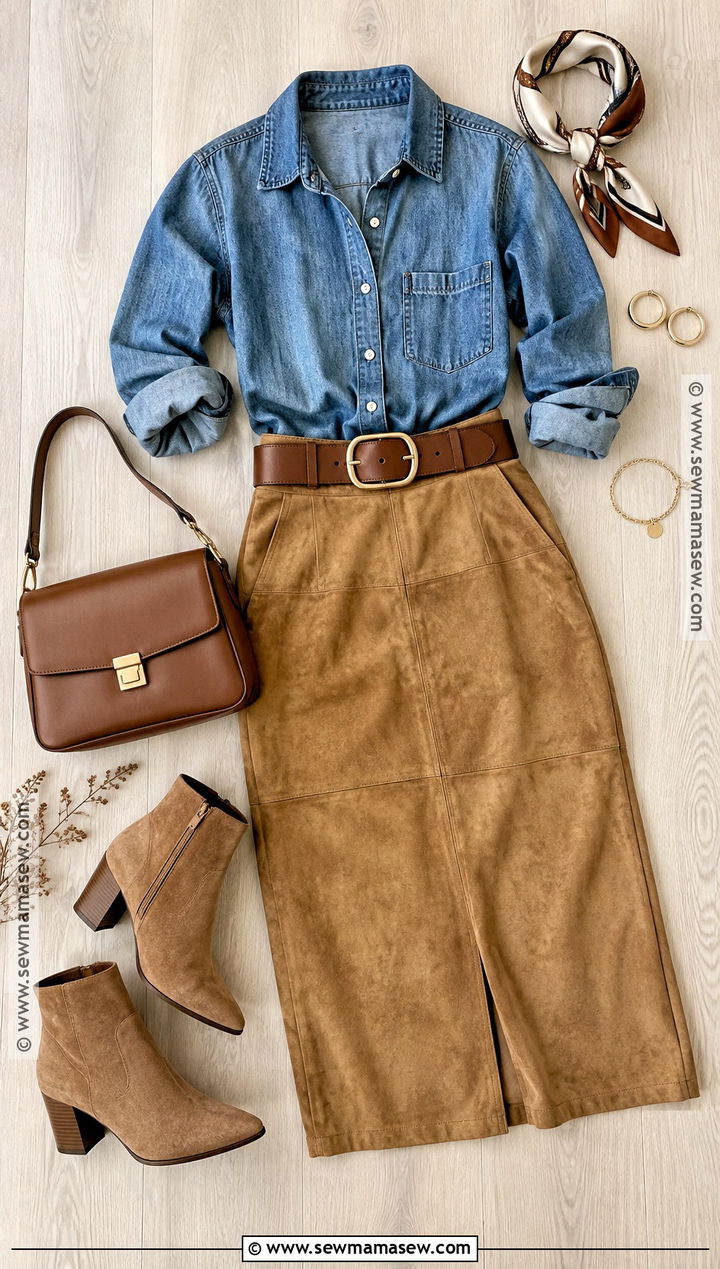 Denim Shirt And Suede Midi Skirt Flat Lay - 15 autumn fashion flat lay ideas