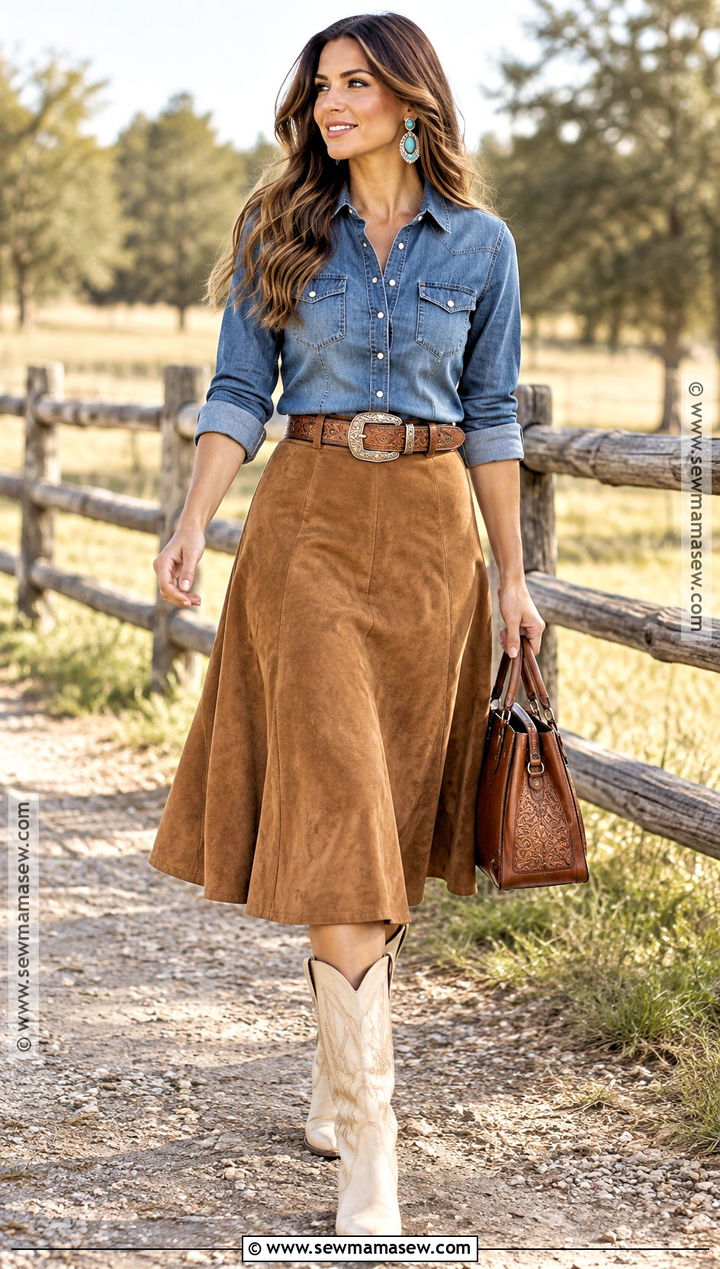 Denim Shirt And Suede Midi Skirt Western Fall Outfit - 15 western fall photoshoot outfits