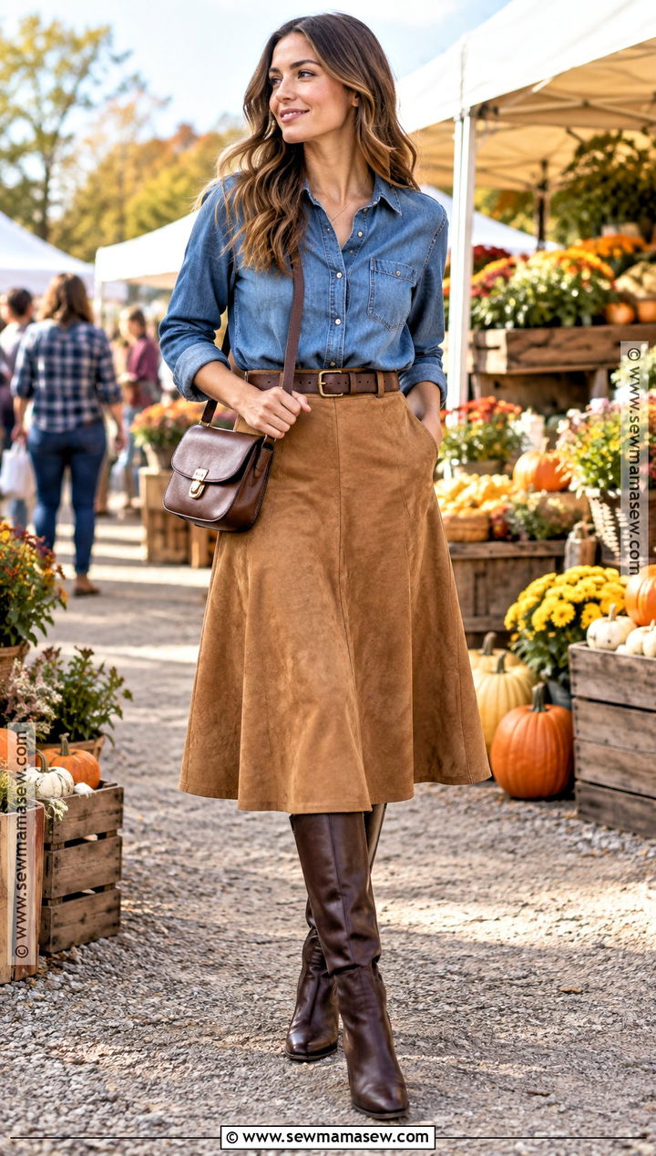 Denim Shirt And Suede Skirt Fall Outfit - 20 Outfit Inspo For Fall Ideas