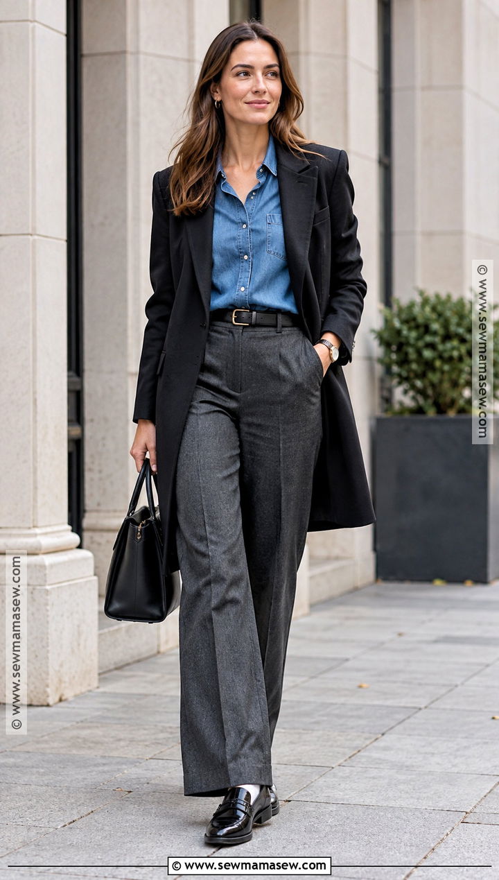 Denim Shirt And Tailored Trousers City Outfit - 20 Fall Outfits City