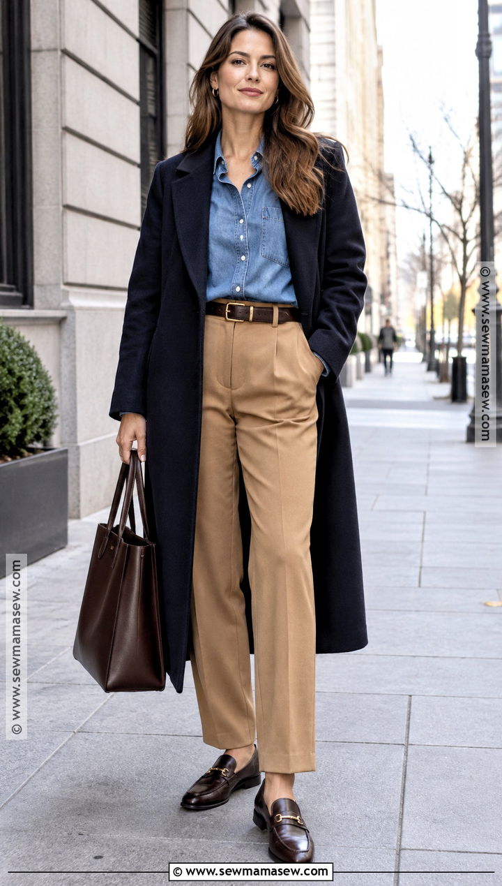 Denim Shirt And Tailored Trousers Outfit - 15 Fall Winter 2026 Capsule Wardrobe Ideas