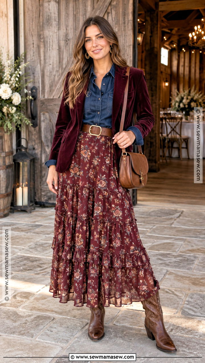 Denim Shirt And Tiered Maxi Skirt Western Wedding Guest Outfit - 15 fall wedding guest outfit western ideas