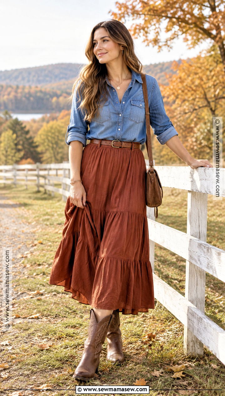 Denim Shirt And Western Boots Fall Outfit - 15 Cute Fall Outfits For 2026