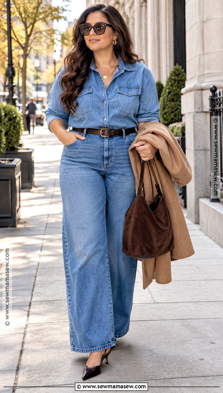 Denim Shirt And Wide Leg Jeans Fall Outfit - 15 trendy fall outfits 2026