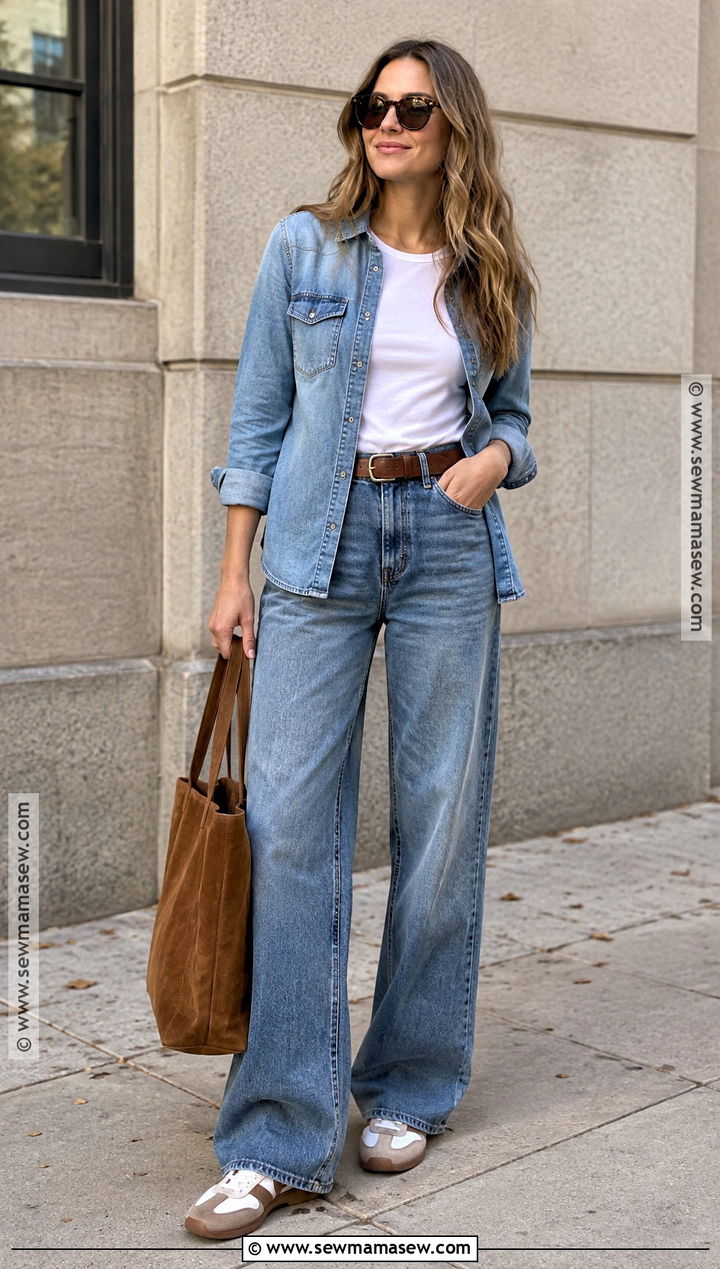 Denim Shirt And Wide Leg Jeans Fall Outfit - 25 comfy outfits fall