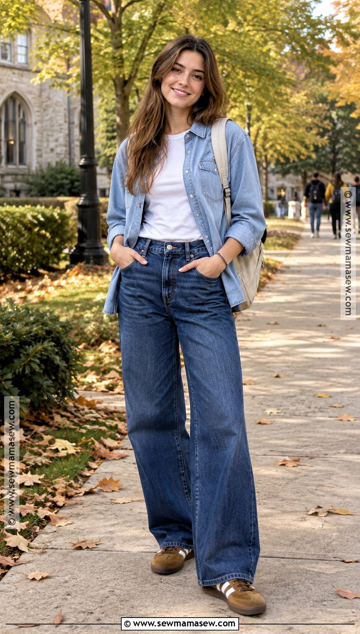 Denim Shirt And Wide Leg Jeans School Outfit - 25 autumn outfits school