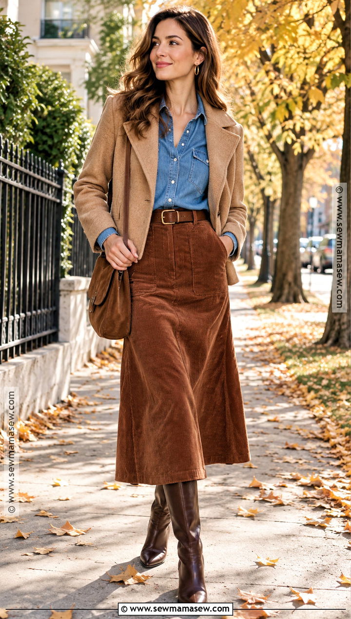 Denim Shirt Autumn Outfit With Corduroy Skirt - 25 autumn and winter outfits