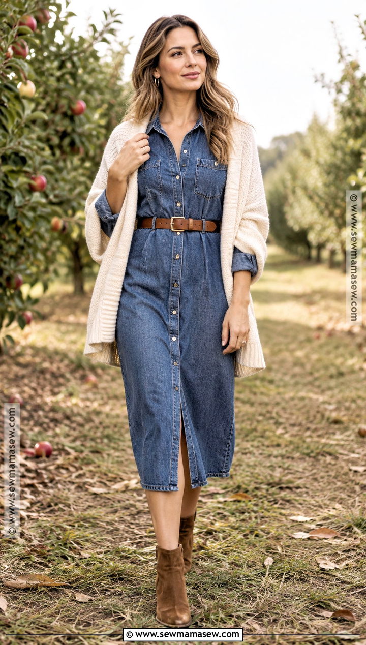 Denim Shirt Dress And Suede Ankle Boots For Fall Family Photos - 20 Fall Dress For Family Photos Ideas