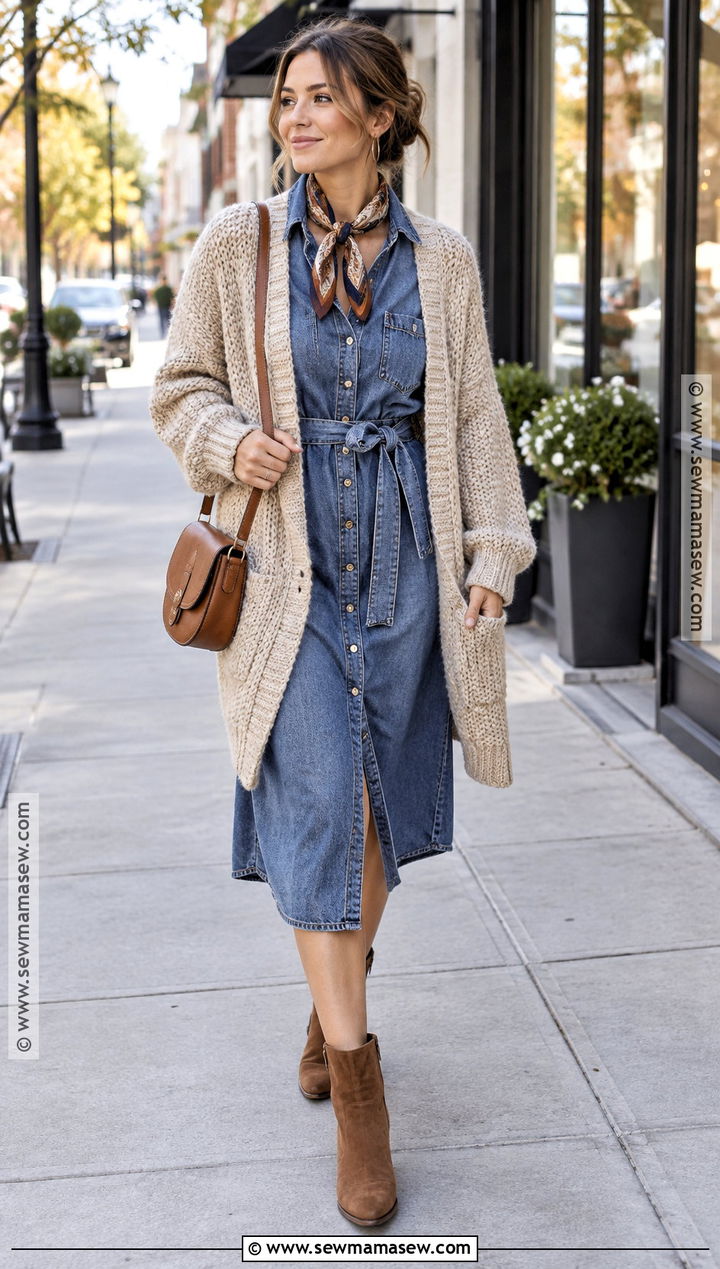 Denim Shirt Dress With Chunky Cardigan - 20 dress with cardigan fall ideas