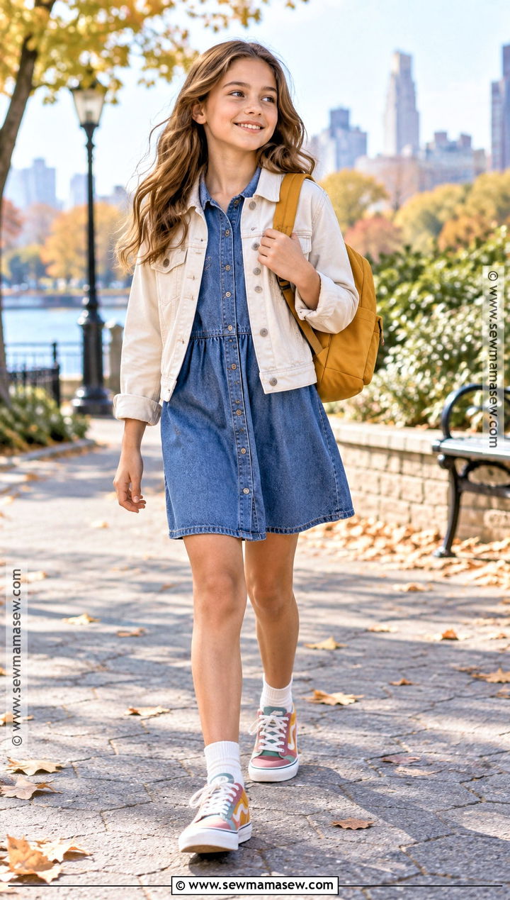 Denim Shirt Dress With Colorful Sneakers - 15 fall dresses for preteens