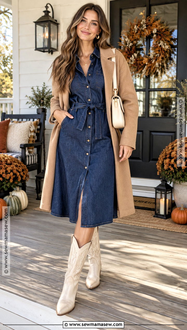 Denim Shirt Dress With Cream Cowgirl Boots - 15 cowgirl boots thanksgiving outfit
