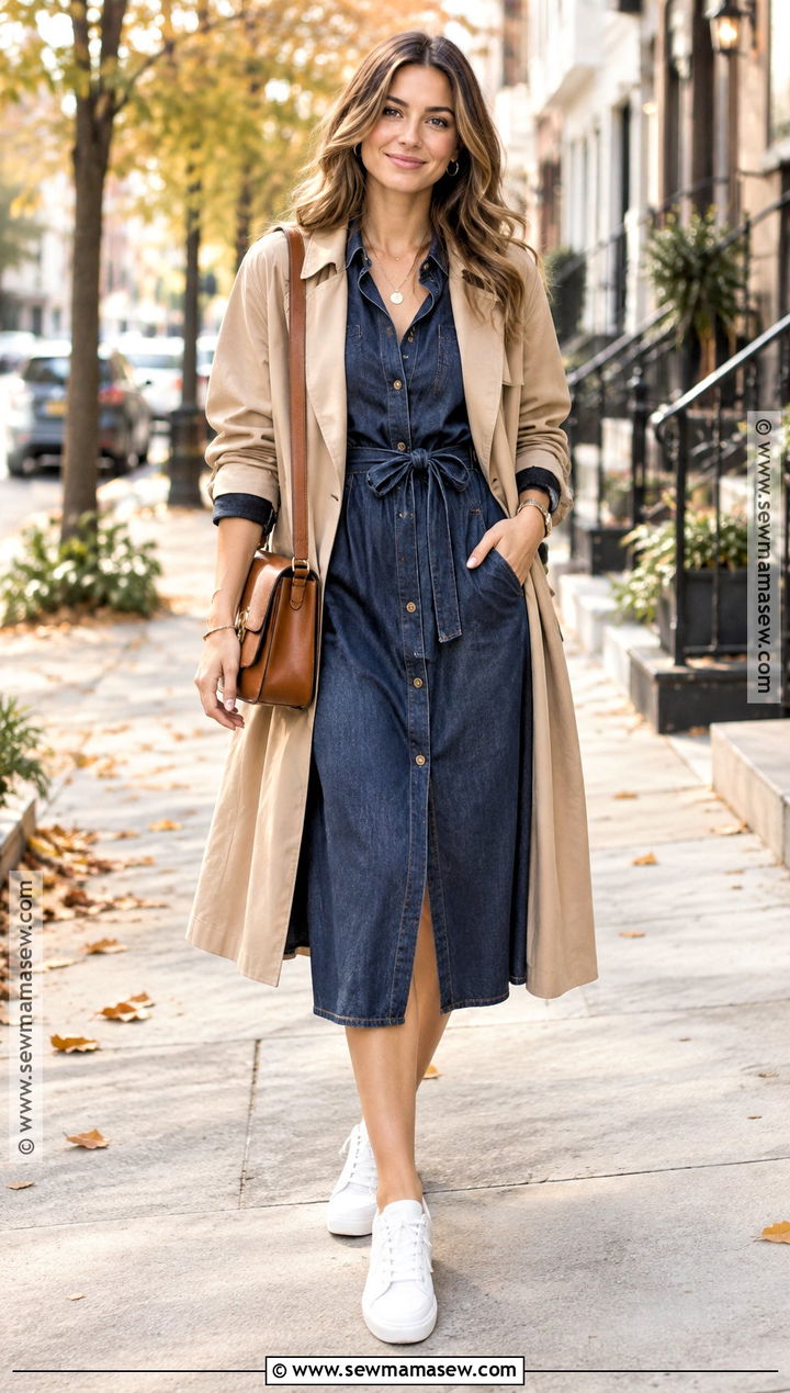 Denim Shirt Dress With White Sneakers - 20 Casual Fall Dresses