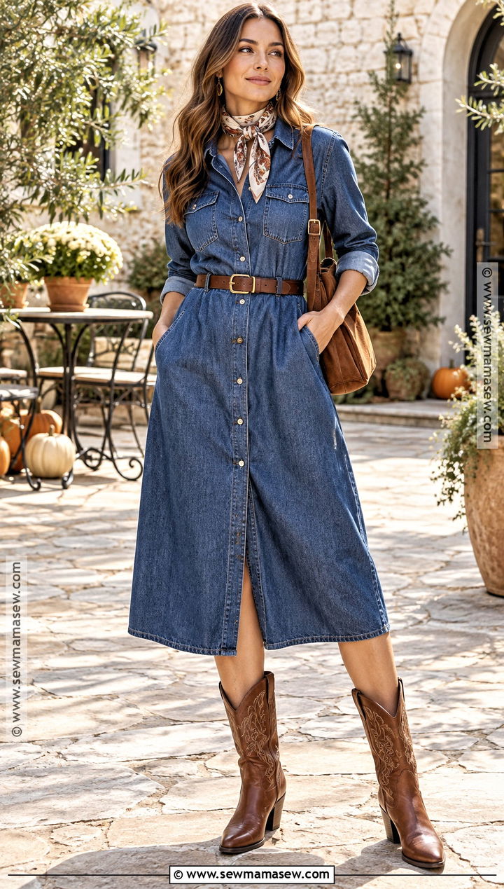 Denim Shirt Dress With a Belt and Western Boots - 25 fall denim outfits