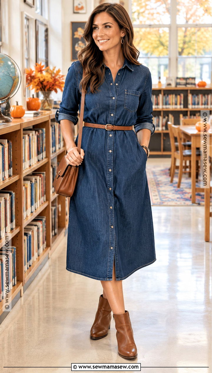 Denim Shirt Dress and Ankle Boots Teacher Outfit - 15 teachers fall outfits