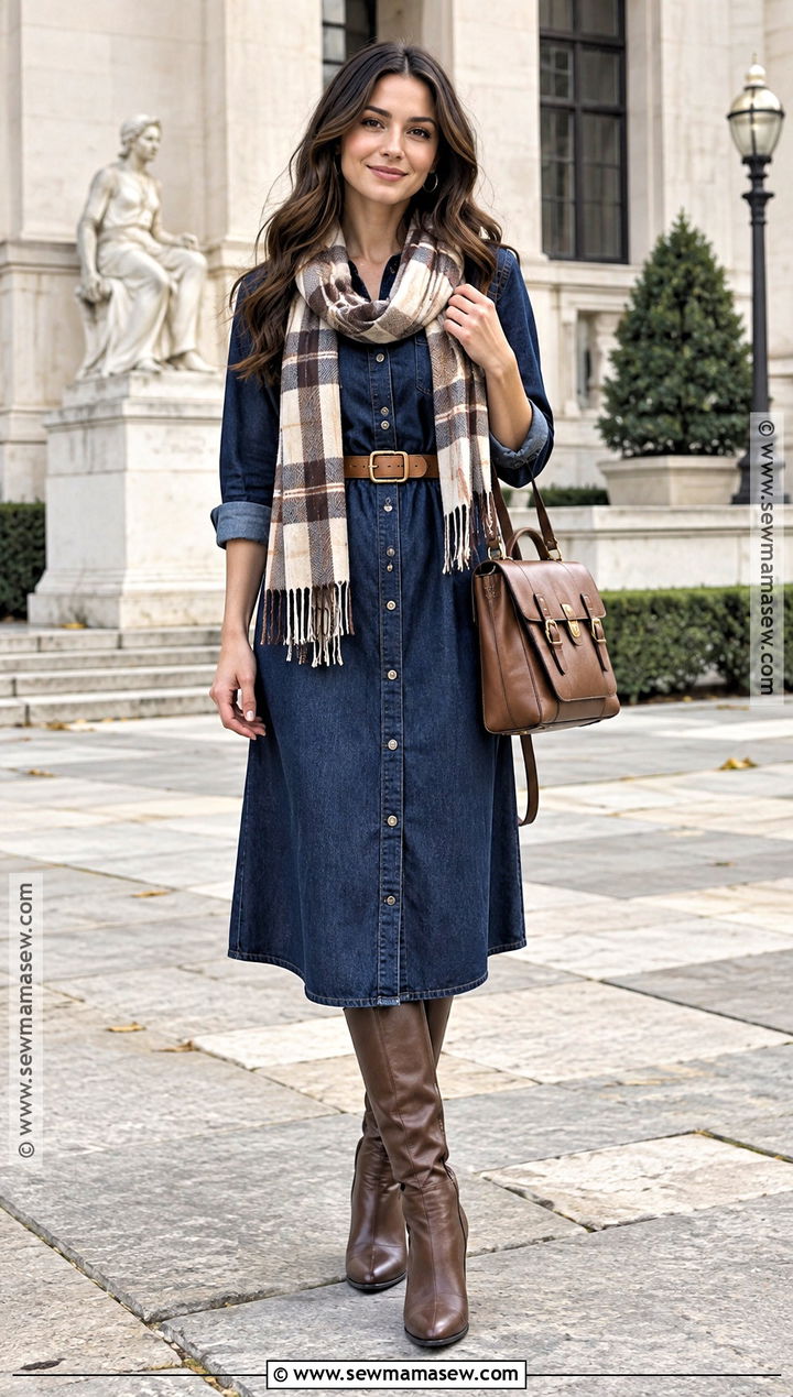 Denim Shirt Fall Dress With Tall Boots - 15 Affordable Fall Dresses