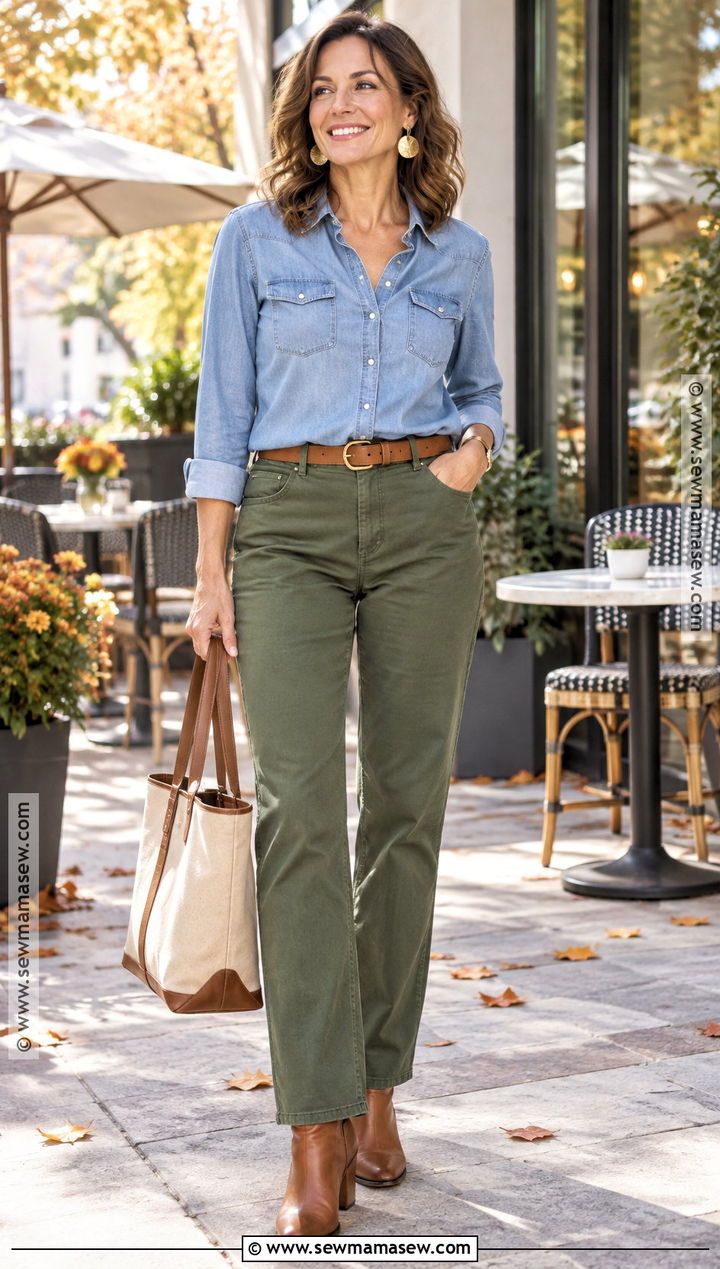 Denim Shirt Fall Outfit With Olive Pants - 20 casual fall outfits for women over 40