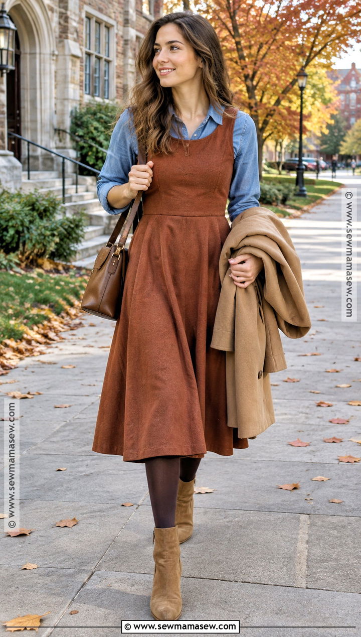 Denim Shirt Midi Dress And Suede Boots Fall Outfit - 15 Outfit Inspo Fall And Winter Ideas