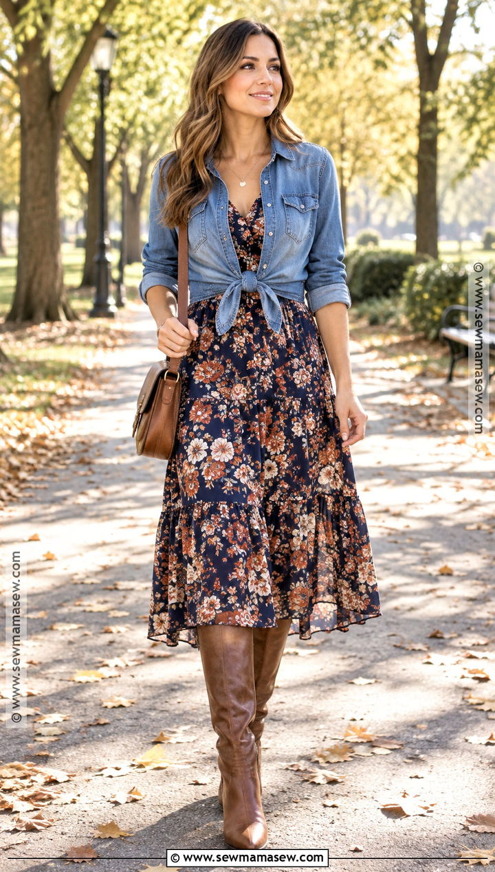 Denim Shirt Over Floral Midi Dress With Knee Boots - 20 denim shirt outfit fall ideas