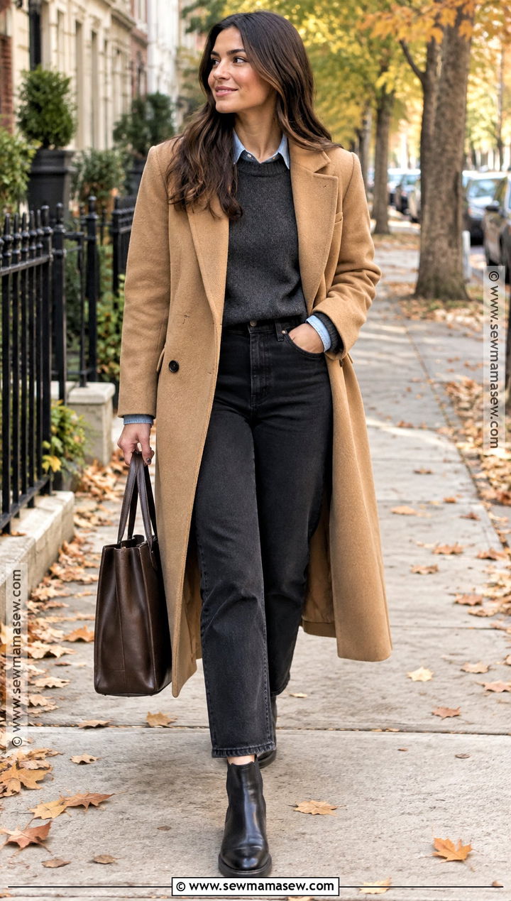 Denim Shirt Sweater Wool Coat Black Jeans Fall Outfit - 20 Layered Looks For Fall Outfit Ideas