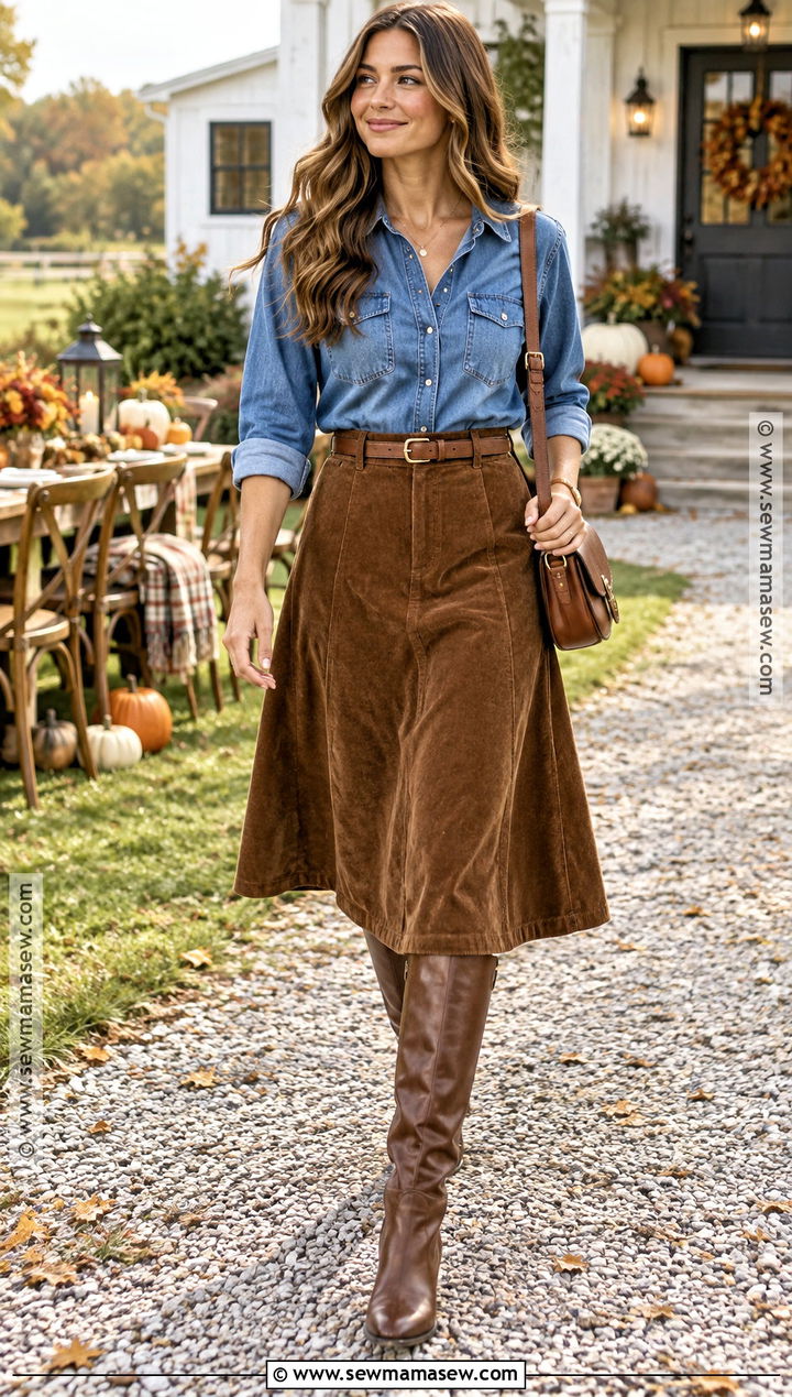 Denim Shirt Thanksgiving Outfit With Corduroy Skirt - 25 Thanksgiving Fits