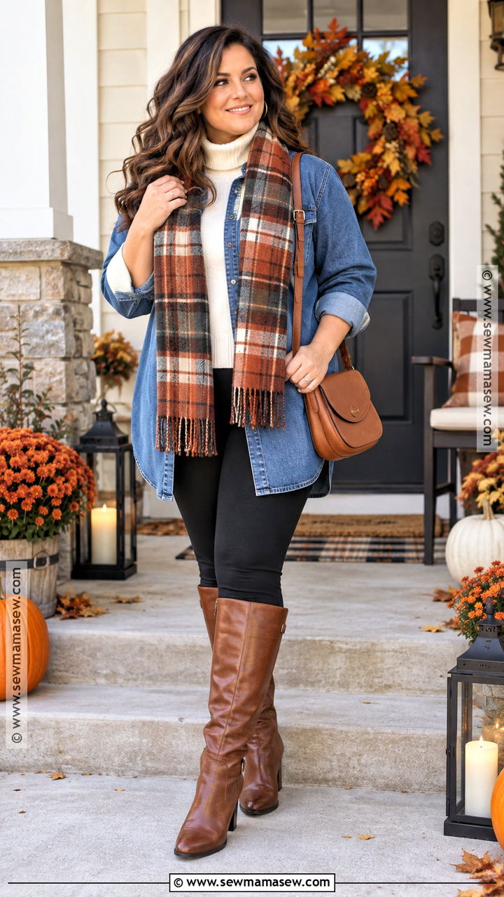Denim Shirt With Black Leggings And Boots - 20 Thanksgiving Outfit With Leggings