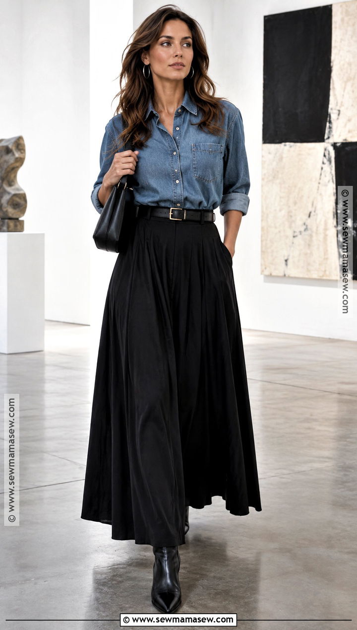 Denim Shirt With Black Maxi Skirt - 25 fall chic outfits