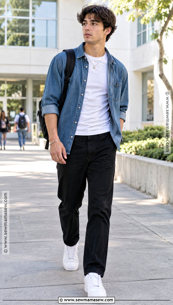 Denim Shirt With Black Pants - 25 Back To School Tops