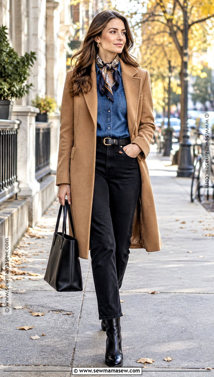 Denim Shirt With Camel Coat And Black Jeans - 20 Denim Shirt Outfit Women Fall Ideas