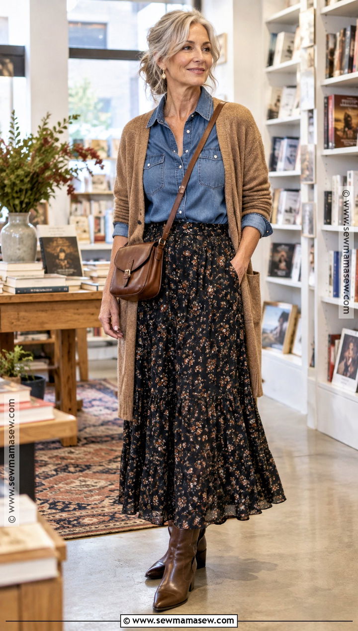 Denim Shirt With Cardigan And Maxi Skirt - 20 denim shirt outfit fall ideas