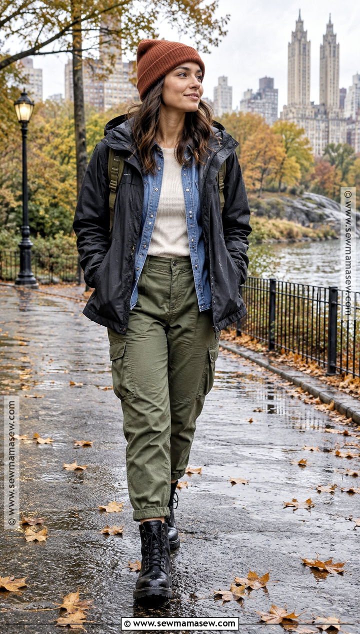 Denim Shirt With Cargo Pants And Rain Jacket - 15 cozy fall outfits casual rainy day