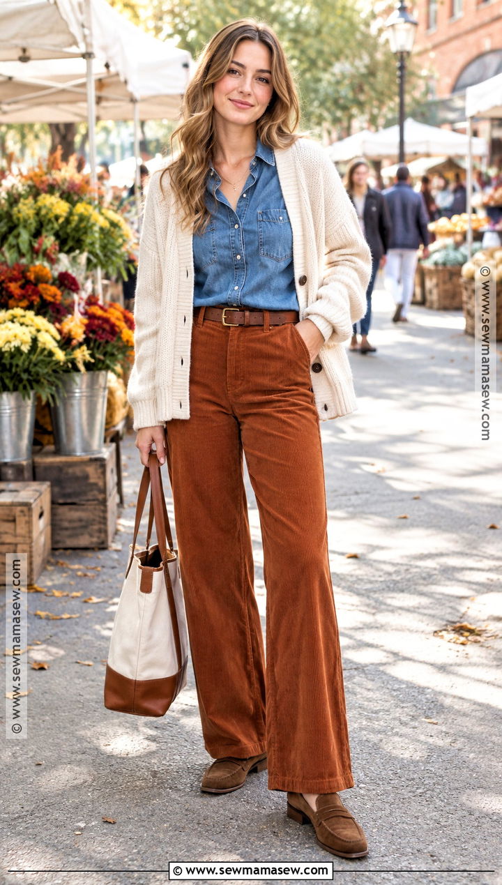 Denim Shirt With Corduroy Pants - 15 Fall Style 2026 Women Casual Ideas