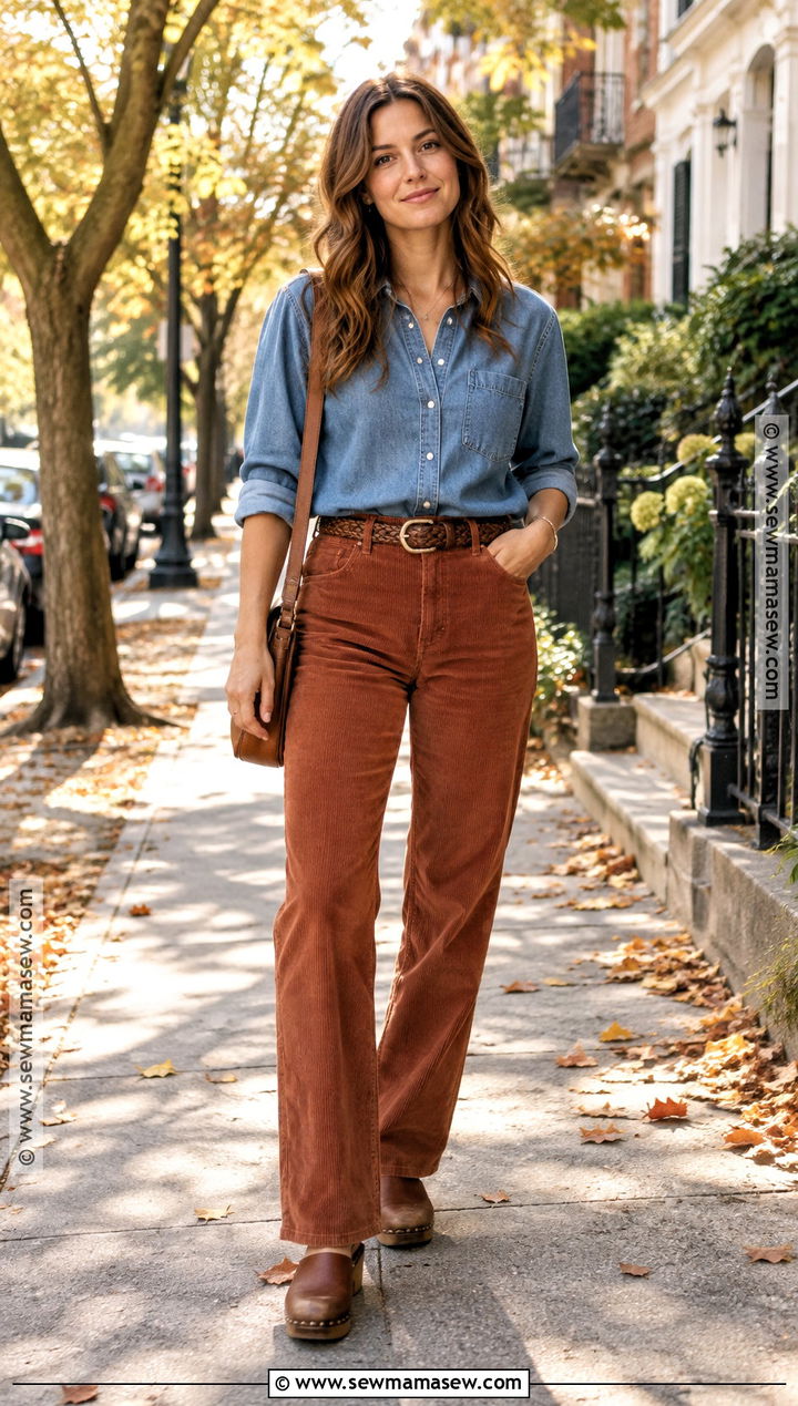 Denim Shirt With Corduroy Pants And Clogs - 15 Women Over 25 Fall Outfits